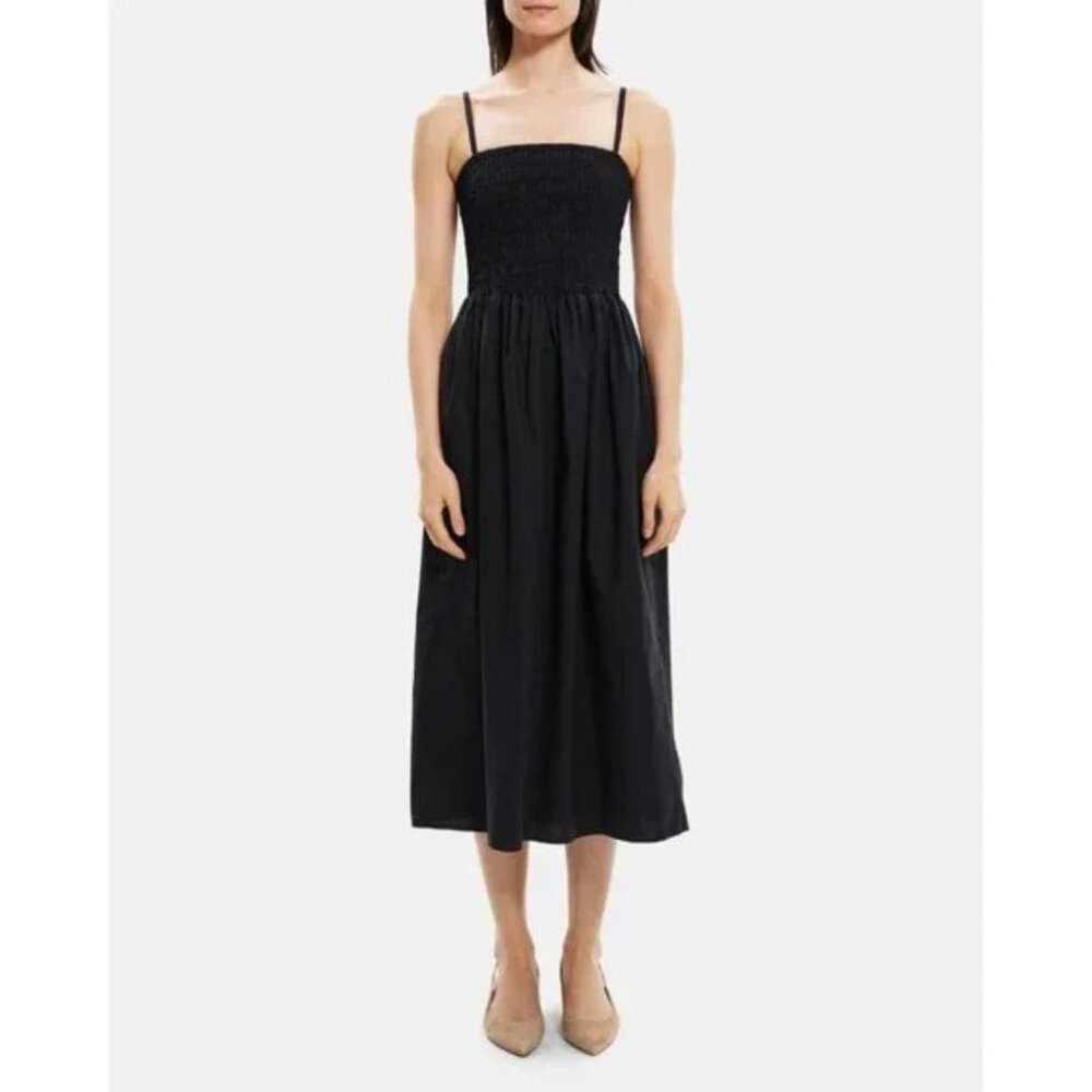 Theory - City Smocked Cotton-Blend Poplin Midi Dress N054603R | Medium | Black